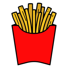A vibrant red carton overflowing with golden french fries, presented in a clean, eye-catching illustration.
