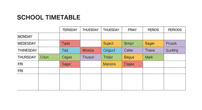 Colorful school timetable template with weekly schedule grid layout for educational planning