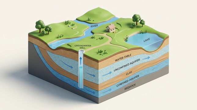 3D Groundwater Aquifer Cross Section with Water Table, Well and Underground Water Flow, Hydrology and Earth Science Illustration Water Table Educational Illustration