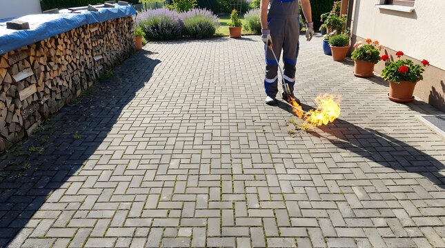 Worker Burning Weeds on Interlocking Paved Driveway with Gas Flame Torch | Thermal Weed Control using Gas Torch on Concrete Paving Blocks | Landscaper Removing Weeds from Paving Stones with Flame Tor