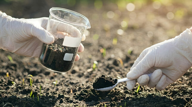 Agronomist Hands in Gloves Collecting Soil Sample in Beaker for Analysis | Close Up of Scientist Taking Soil Sample with Spoon in Field | Soil Quality Testing and Analysis by Agronomist 