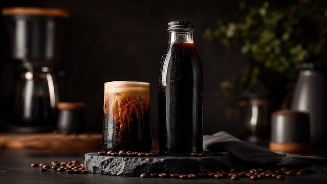 Premium nitro cold brew coffee bottle with creamy cascade in serving glass on dark stone pedestal, luxury ready to drink beverage branding with copy space
