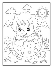 Cartoon Triceratops Coming Out of a Dinosaur Egg Coloring Book Page for Kids. Easy Printable Prehistoric Activity. © laky