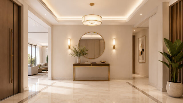 Hallway with mirror and plant featuring modern furnishings balanced lighting and a practical spacious layout