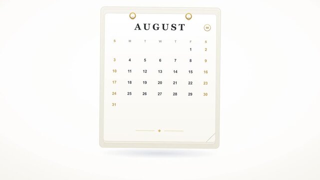 Minimalist white wall calendar page for the month of August featuring clean typography and elegant layout