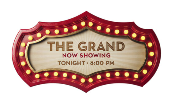 Vintage Red Marquee Light Sign with The Grand Now Showing Text