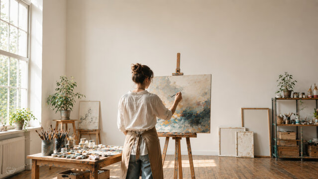 Woman painting during an authentic lifestyle moment with natural light purposeful action and human interaction
