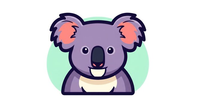 Cute cartoon koala face illustration, friendly australian marsupial character, purple fur, big ears, white background, vector art for kids