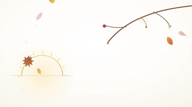 Minimalist autumn morning vector illustration featuring a rising sun and falling leaves on white background