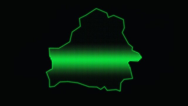 Neon green Belarus map outline, glowing digital country border on black background, futuristic scanning effect for news and data visualization