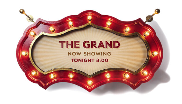 Vintage Red Marquee Light Sign with The Grand Now Showing Text