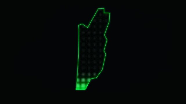 Belize map outline with green neon light, glowing digital country border on black, futuristic geographic motion graphic
