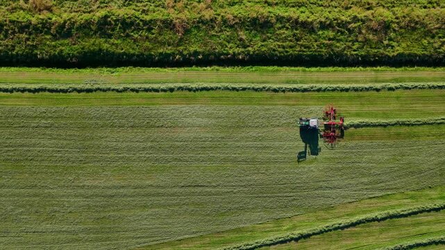 Aerial view of a tractor with a hay rake working in a green field in Rangarthing ytra, Iceland.