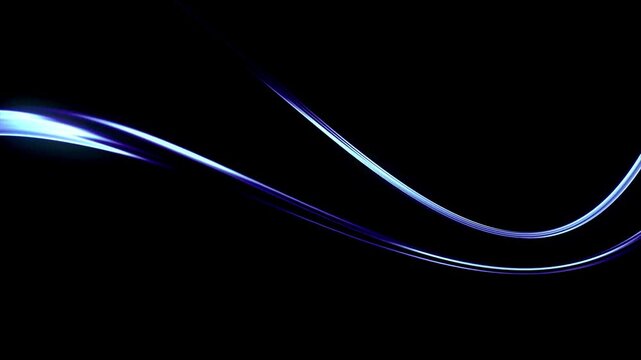 Blue light streaks flow gracefully in a smooth glowing curved wave across a dark background loop.