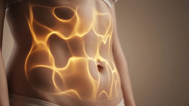 Glowing abstract light pattern on human abdomen with smooth skin texture illustrating insulin resistance concept, metabolic health, medical theme, and wellness awareness in warm tones