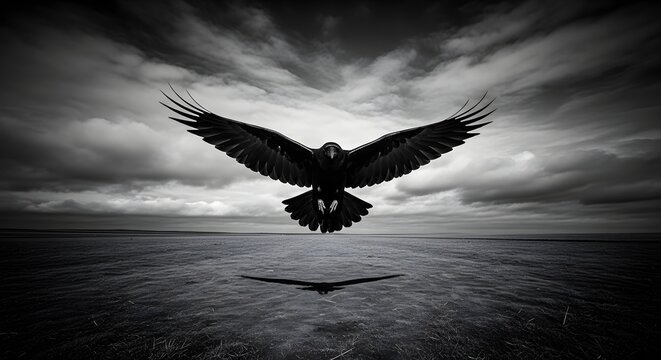 Raven flying low over a dark landscape with wings spread