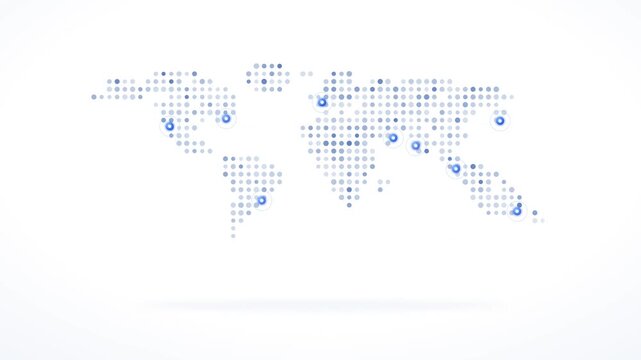 Digital world map dotted pixel grid with location pins and global communication network concept animation