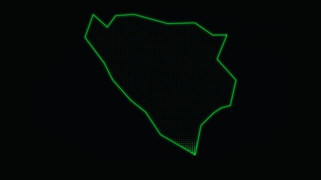 Neon green map outline of Bosnia and Herzegovina, glowing digital country border on black background, futuristic geographic silhouette