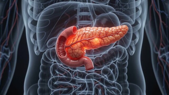 Pancreas anatomy illustration showing insulin production and resistance effects with detailed organ structure and vascular system in medical biology concept for health and blood sugar regulation