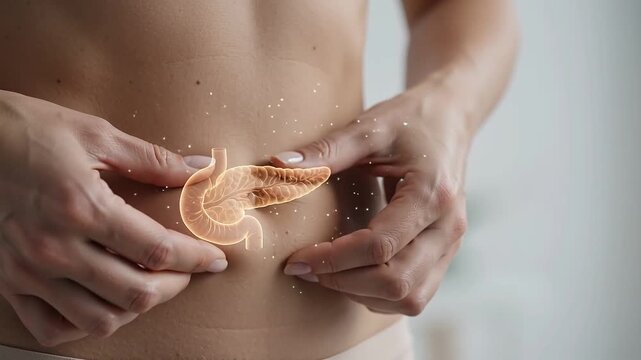 Person holding abdomen with glowing pancreas illustration symbolizing insulin resistance digestive health and anatomy close up of skin and hand focusing human metabolic health and body condition