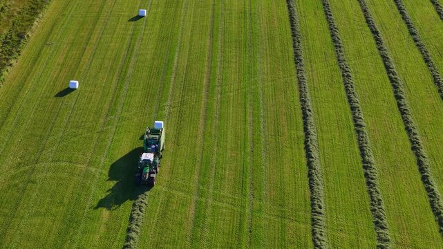 Aerial view of a tractor baling hay in a vibrant green field with rows of cut grass and white hay bales in Rangarthing ytra, Iceland.