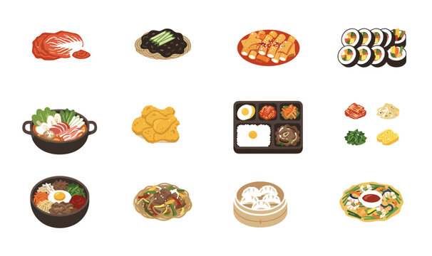 Flat Korean Food and Asian Cuisine Vector Set with Kimchi Bibimbap Tteokbokki Kimbap Fried Chicken and Dosirak Bento for Restaurant Menu Designs