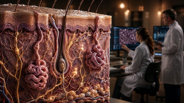 Human Skin Anatomy in Detailed Cross Section, Epidermis, Dermis, Hair Follicles, Sweat and Sebaceous Glands, Blood Vessels and Sensory Nerves, Dermatology Medical Illustration