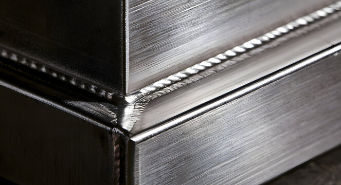 A clear view of a welded seam at the edge of two steel plates. Industrial imagery of fusion, construction, and manufacturing