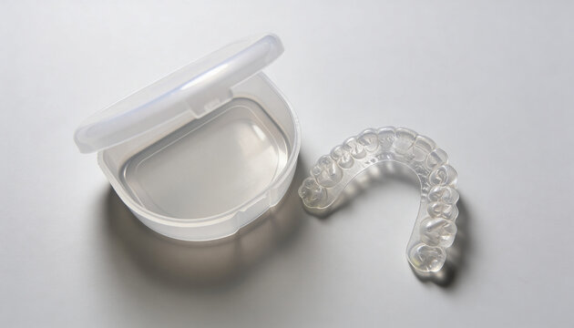 Clear night mouthguard beside an open storage case for bruxism relief teeth grinding prevention and nighttime dental care