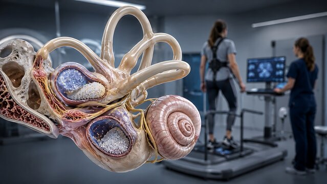 Human Inner Ear Anatomy with Cochlea and Vestibular System, Semicircular Canals, Vestibule and Auditory Structures, Detailed Balance and Hearing Anatomy, Medical Illustration