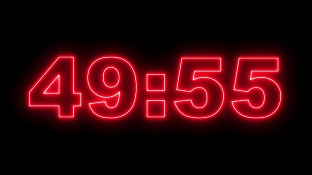 Starting soon Digital countdown clock timer in 50 minute to 49 minute. neon red text number on isolated black background. Element for overlay concept. 4K footage motion video