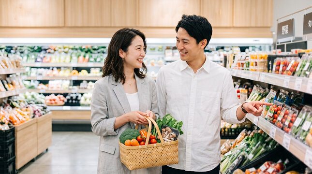 Happy young Japanese couple smiling while choosing fresh vegetables and organic ingredients in a bright modern grocery store aisle to prepare healthy home cooked meals