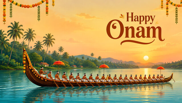 Scenic view of traditional snake boat race on calm river during happy onam a highly popular south indian festival in kerala backwaters