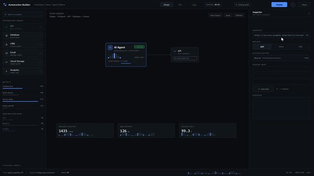 A dark-mode no-code AI automation builder interface demonstrates connecting an AI agent to APIs and databases with a professional and sleek design. professional stock footage for technology, business,