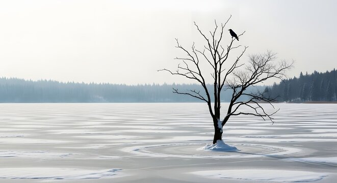 Raven on a lone bare tree in a vast frozen winter lake