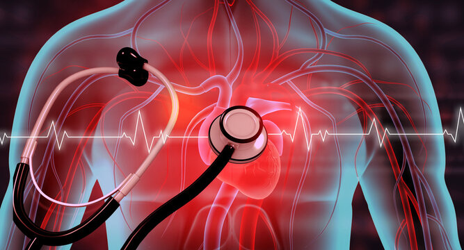 3D medical illustration of human heart anatomy paired with a stethoscope, set against a dark scientific background with glowing ECG lines.