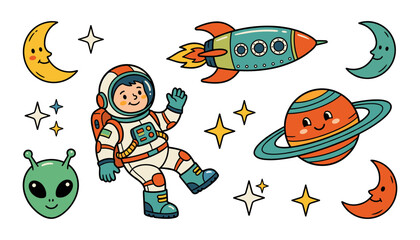 Cute Outer Space Vector Illustration Set with Astronaut, Rocket Ship, Alien, Crescent Moon, Saturn Planet, and Sparkle Stars for Kids Nursery and Bedroom Wall Decor © MdRezaul