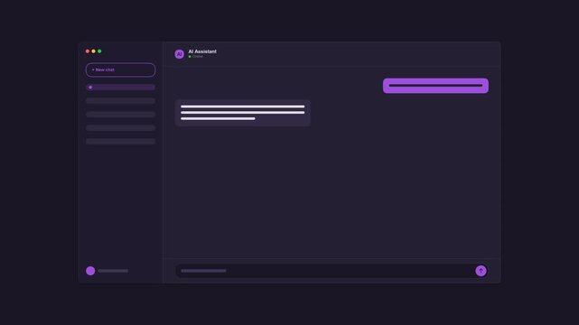 Dark mode chat interface mockup with animated purple message bubbles