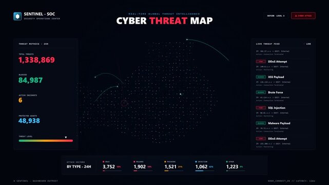 Cyber threat map digital security interface displaying real time data