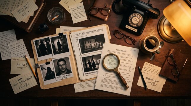 Detective desk featuring vintage noir investigation files with case photographs magnifying glass old rotary phone handwritten witness statements and warm lamp lighting on wooden surface