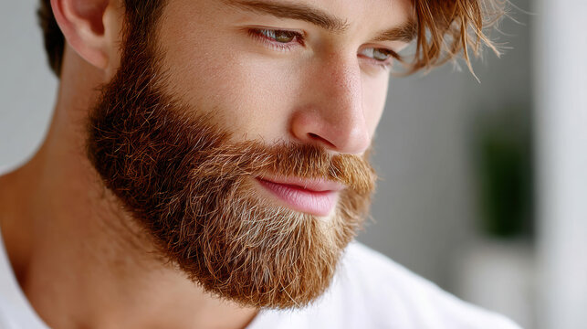 Three quarter closeup view of a young man with full beard for minimal grooming and skincare banner or background