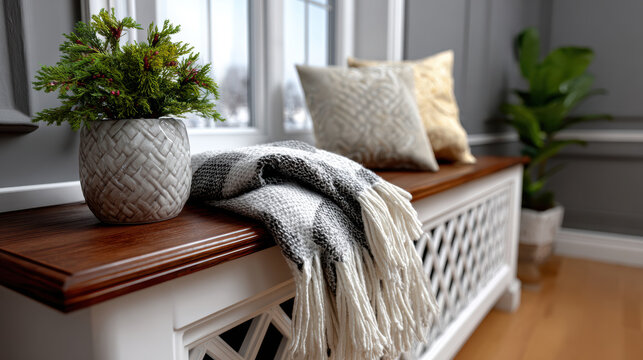 Bench style radiator cover with lattice panels and wooden top styled with pillows and throw for elegant interior background and room decor