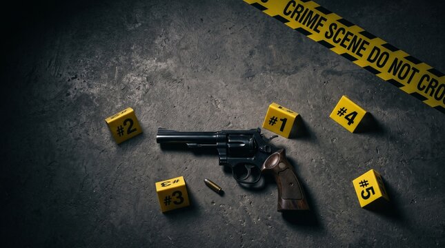 Black revolver handgun lying on cold concrete floor surrounded by yellow numbered forensic evidence markers and caution tape at a simulated dark outdoor crime scene