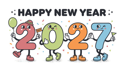 Fototapeta premium Cartoon character numbers 2027 celebrating Happy New Year 3.