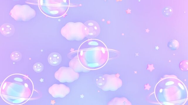 Pastel bubble planets, stars, and clouds flying up animation. (loop)