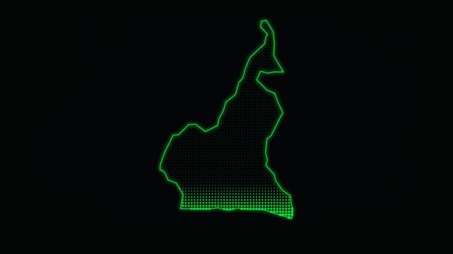 Neon green Cameroon map outline, glowing digital radar border of Cameroon, futuristic tech country silhouette on black background