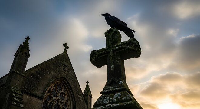 Raven perched on a mossy stone cross in a historic graveyard
