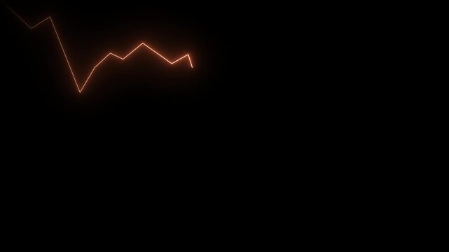 Glowing red neon downward trend arrow graph showing economic recession or stock market crash on black background 4k video animation with alpha channel.