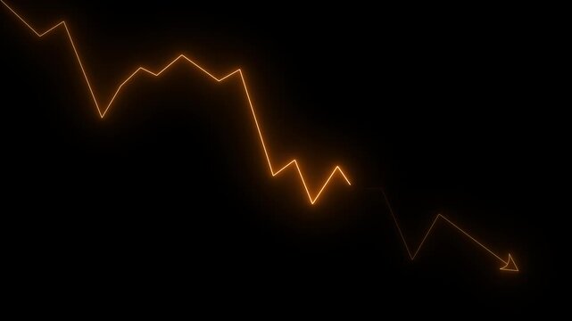 Glowing red neon downward trend arrow graph showing economic recession or stock market crash on black background 4k video animation with alpha channel.