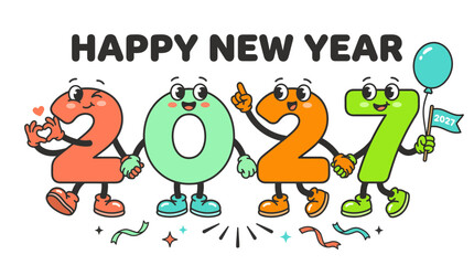 Fototapeta premium Cute Cartoon Numbers 2027 Characters Celebrating Happy New Year 1.